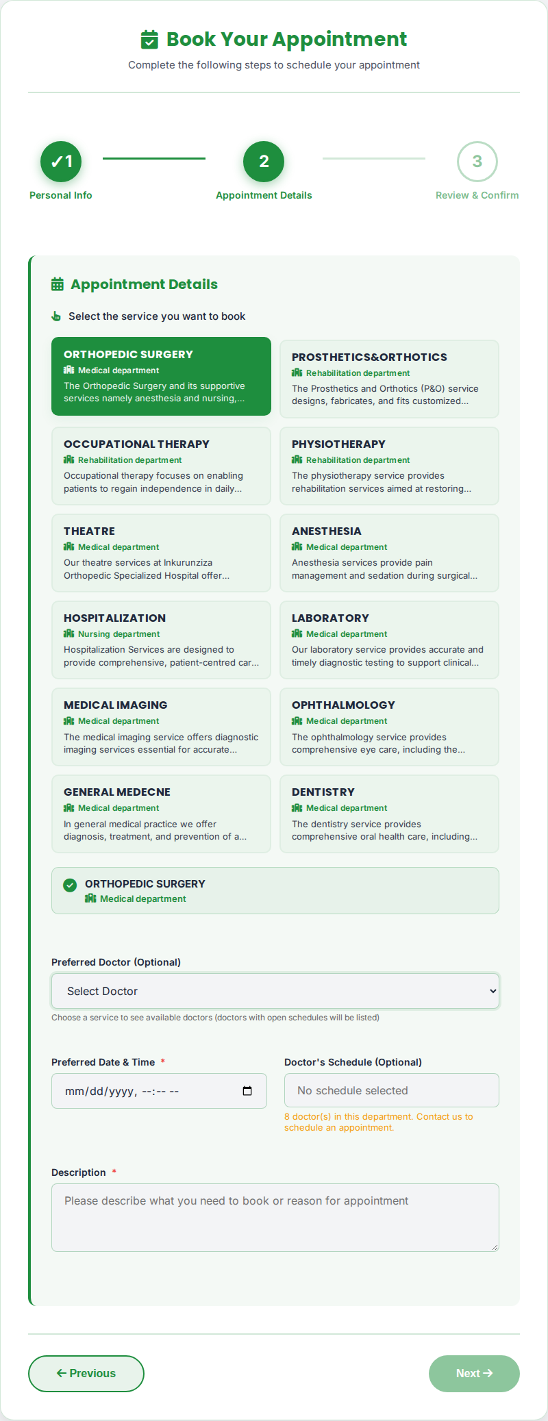 Orthopedic Surgery service selected, department confirmed, doctor dropdown ready